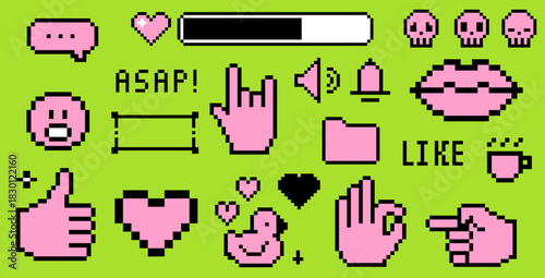 8-bit pixel art icons in bright pink on a vivid green background, featuring hand gestures, hearts, skulls, loading bars. Conceptual vector illustration for Y2K internet vibes, social media stickers.