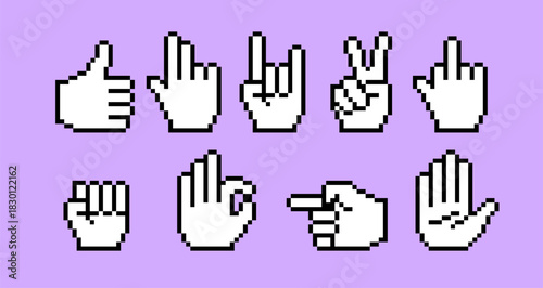 Pixelated 8-bit style white cursor hands with bold black outlines on a solid purple background. Conceptual vector illustration for gestures, emojis, retro gaming and digital communication.