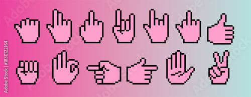 8-Bit pixel art hand icons set for retro game, isolated on gradient background. Vector illustration of pixel hands gestures, emojis, retro gaming and digital communication.