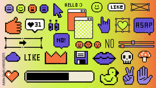Vector Pixel art collage of 8-bit icons including retro cursors, emojis, social media symbols, UI elements and quirky objects on a neon background. Y2K aesthetics, internet nostalgia, meme culture.