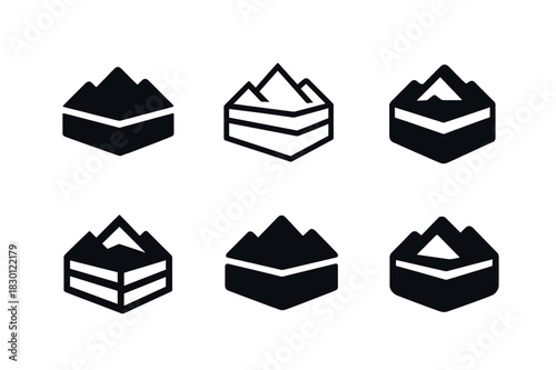 Mountain Range Logos. Lithosphere. Icon set. Set Logo of mountain range cross-section. harmonious logo variations of the same emblematic concept (Filled
