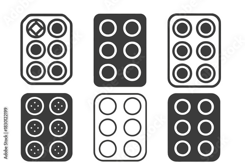 Muffin Tray Icons. Muffin tray. Icon set. Set Logo of muffin tray: overhead view of tray. harmonious logo variations of the same emblematic concept, each with
