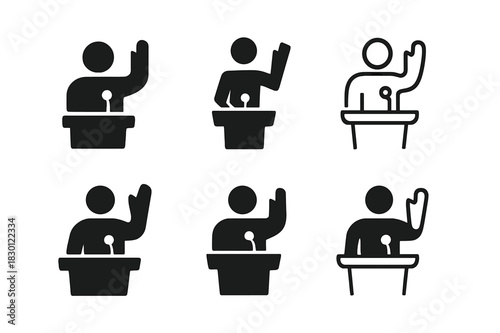 Motivational Speaker Icons. motivational speaker. Icon set. Set Logo of motivational speaker: raised hand gesture. harmonious logo variations of the same