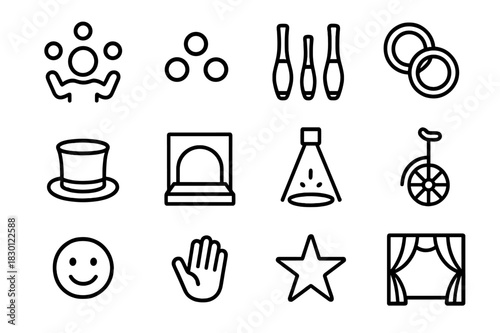 Juggling Icons Set. Juggling acts. Line icon set of juggling acts: juggler, balls, clubs, rings, hat, stage, spotlight, unicycle, smile, hand, star, curtain.