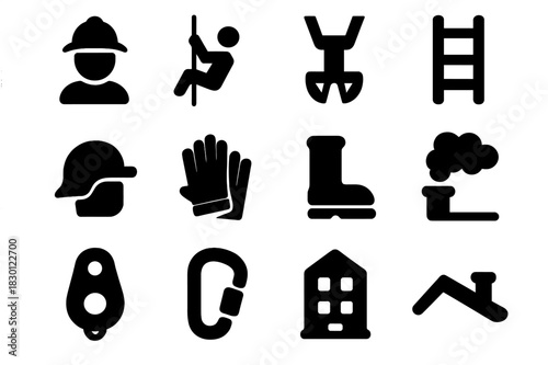 Fire Evacuation Icons. Fire evacuation. Solid icon set of Fire evacuation: firefighter, rope, harness, ladder, helmet, gloves, boots, chimney, smoke, pulley,