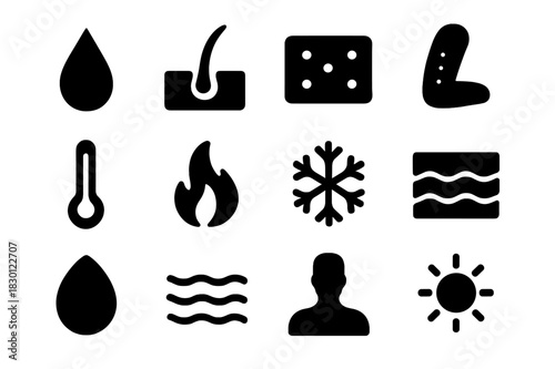 Skin Response Icons. Skin response. Solid icon set of skin response: sweat drop, hair follicle, pores, goosebumps, thermometer, flame, snowflake, skin texture,