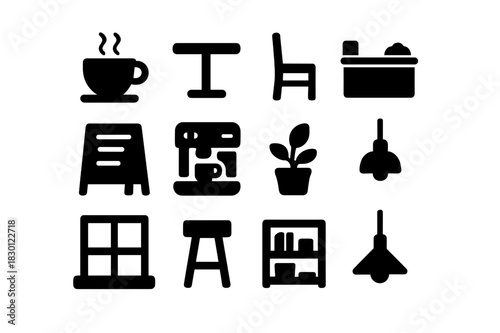 Coffee Shop Icons. Coffee shop layout. Solid icon set of Coffee shop layout: coffee cup, table, chair, counter, menu board, espresso machine, plant, lamp,