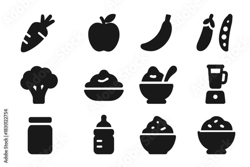 Homemade Puree Icons. Homemade puree. Solid icon set of Homemade puree: carrot, apple, banana, peas, broccoli, mashed sweet potato, baby bowl, spoon, blender,
