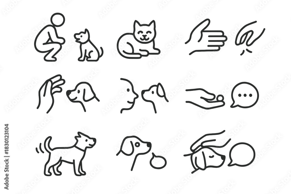 Obraz premium Street Pet Interaction Icons. Interacting with street pets. Line icon set of interacting with street pets: crouching person, happy dog, relaxed cat, petting