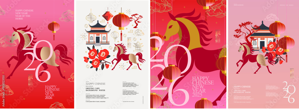 Fototapeta premium 2026 Year of the Horse. Chinese New Year. Vector modern abstract illustration of horse, Chinese lanterns, house in China with flowers for greeting card, poster or background