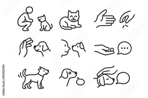 Street Pet Interaction Icons. Interacting with street pets. Line icon set of interacting with street pets: crouching person, happy dog, relaxed cat, petting