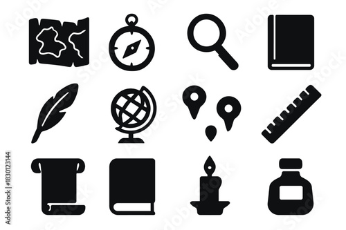 Cartography Research Icons Set. Cartography research. Solid icon set of Cartography research: old map, compass, magnifying glass, notebook, quill pen, globe,