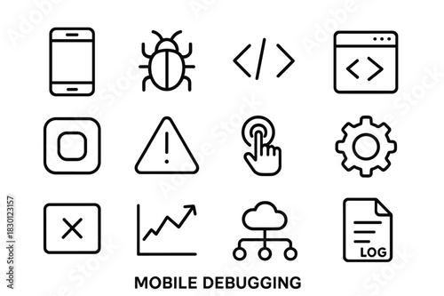 Mobile Debugging Icons. Mobile debugging. Line icon set of Mobile debugging: smartphone, bug, code snippet, console, app icon, alert triangle, touchscreen,