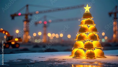  Christmas tree made of construction helmets against a construction site background. Copyspace. Clean industrial design for Christmas and construction 