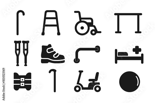 Elderly Care Icons. Elderly care. Solid icon set of Elderly care: walking cane, walker, wheelchair, handrail, crutches, orthopedic shoe, grab bar, hospital