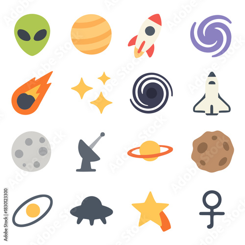 Celestial Collection: An engaging visual of illustrated cosmic elements, presenting a colorful array of celestial bodies and space-related objects, sparking curiosity and wonder.