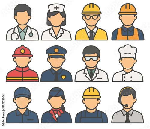 Diverse Occupations Icons: a collection of diverse professional individuals, each in their respective uniforms, symbolizing a spectrum of career paths and occupations.