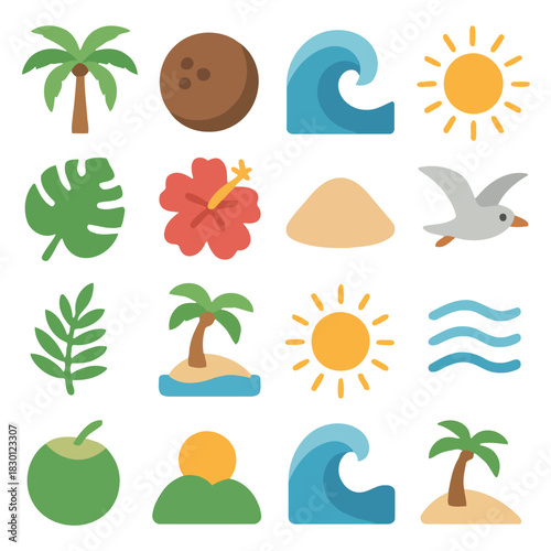 Tropical Summer Elements: A vibrant illustration showcasing a collection of tropical elements, meticulously crafted to evoke the essence of a sun-drenched summer getaway. 