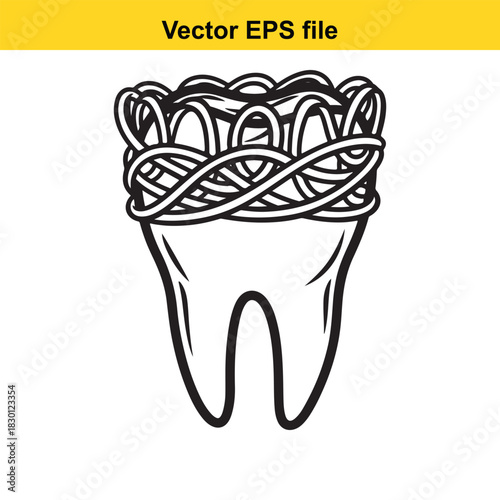 Black and white line art vector illustration of a molar tooth with tangled dental floss or string wrapped around the crown, isolated on white background
