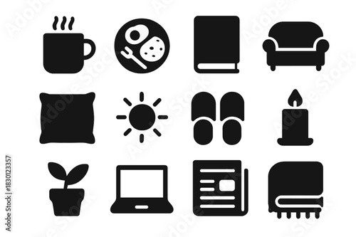 Sunday Morning Icons. Sunday morning. Solid icon set of Sunday morning: coffee cup, breakfast plate, book, sofa, pillow, sun, slippers, candle, plant, laptop,
