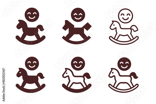 Toddler Playtime Icons. toddler playtime. Icon set. Set Logo of toddler playtime: rocking horse and giggle icon. harmonious logo variations of the same