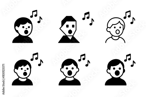 Singing Class Icons. teaching singing to children and youth. Icon set. Set Logo of teaching singing to children and youth: child with open mouth and notes.