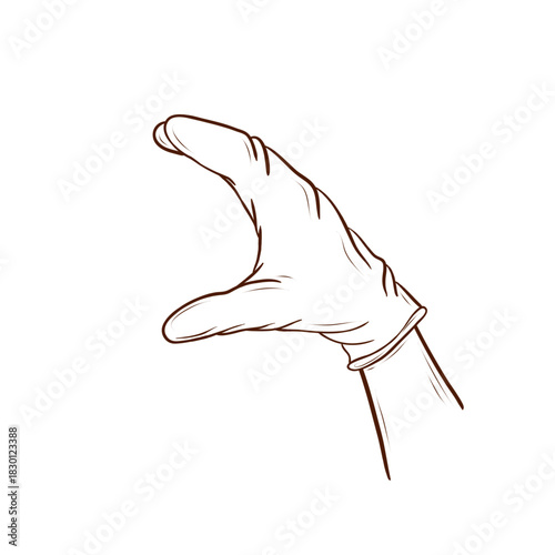A hand in a latex glove, positioned as if holding a burger. Vector illustration in a line art style, brown lines, isolated on a white background. Suitable for menus, packaging, fast food, hygiene