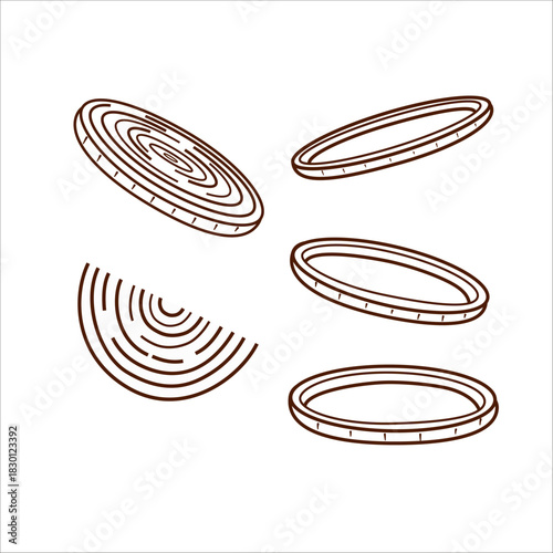 Sliced onion rings and wedges. Vector illustration in a contour line style. Clean brown lines, distinctive textured rings, isolated on a white background. Suitable for menus, packaging, fast food