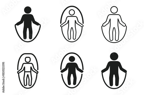 Jump Rope Logos. jump rope. Icon set. Set Logo of jump rope: fitness training. harmonious logo variations of the same emblematic concept, each with different