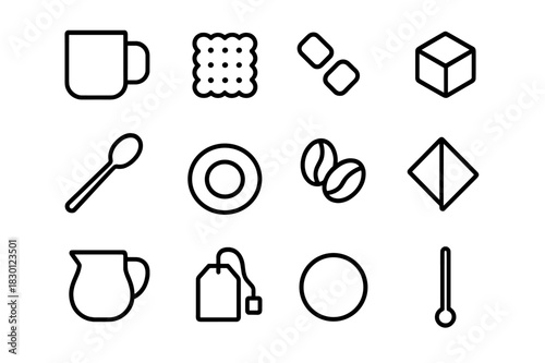 Coffee Break Icons. Coffee break items. Line icon set of Coffee break items: coffee mug, biscuit, sugar cube, spoon, saucer, coffee beans, milk jug, tea bag,