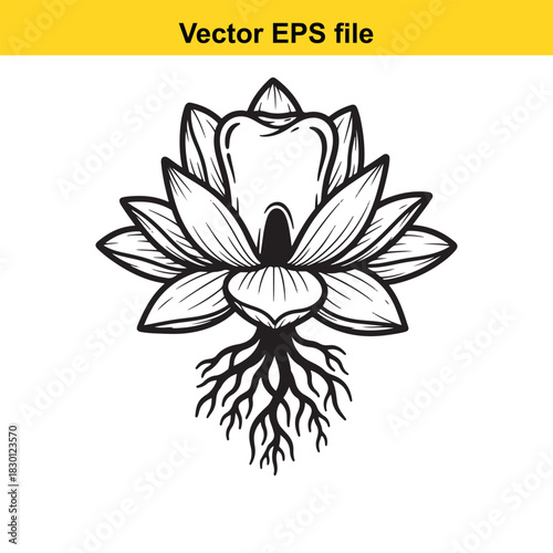 Black and white line art vector illustration of a lotus flower combined with a molar tooth shape, featuring detailed roots, isolated on white background