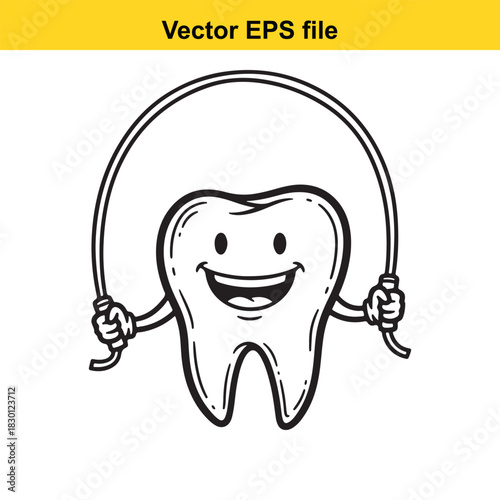 Cute cartoon molar tooth character happily jumping rope as a fun illustration of dental health and exercise isolated on white background