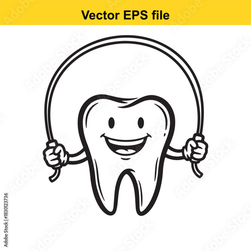 Funny cartoon molar tooth character happily jumping rope as a healthy dental hygiene and exercise concept, isolated on white background