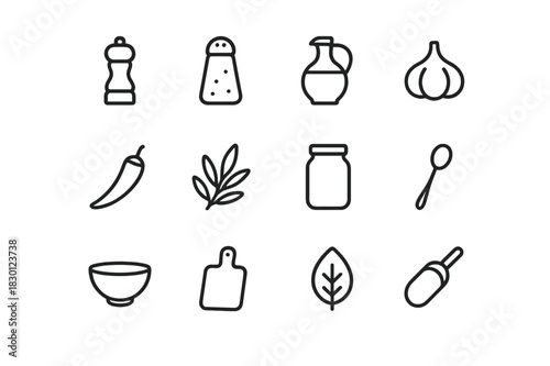 Gourmet Ingredient Icons. Gourmet ingredients. Line icon set of gourmet ingredients: pepper grinder, salt shaker, olive oil bottle, garlic, chili pepper,