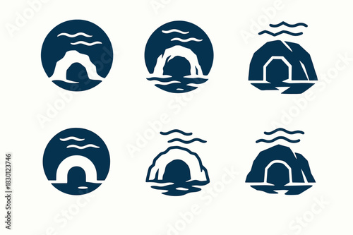 Underwater Caves Icon Set. underwater caves. Icon set. Set Logo of underwater caves: hidden entry point. harmonious logo variations of the same emblematic