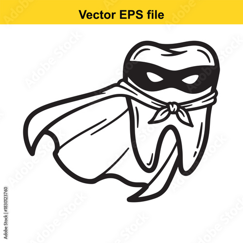Black and white line art vector illustration of a superhero tooth character wearing a mask and flowing cape, isolated on white background
