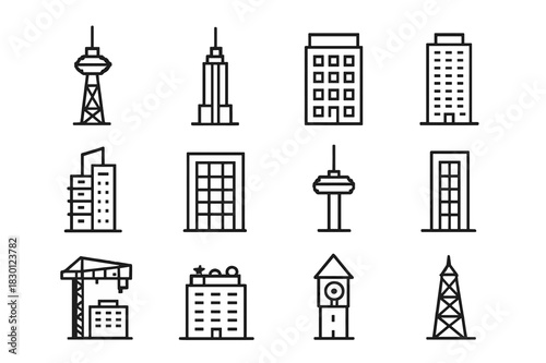 Observation Tower Icons. Observation tower. Line icon set of Observation tower: observation deck, skyscraper, office building, residential tower, mixed-use