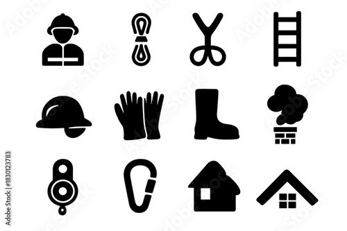 Fire Evacuation Icons. Fire evacuation. Solid icon set of Fire evacuation: firefighter, rope, harness, ladder, helmet, gloves, boots, chimney, smoke, pulley,