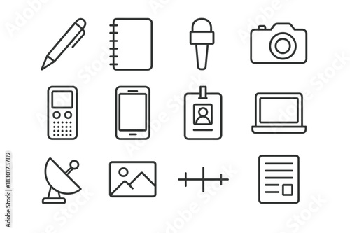 Journalism Tools Icons. Journalism tools. Line icon set of journalism tools: pen, notebook, microphone, camera, audio recorder, smartphone, press badge,
