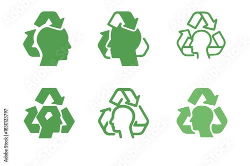 Eco-friendly Logo Variations. Eco-friendly mindset. Icon set. Set Logo of eco-friendly mindset: recycling arrows around head. harmonious logo variations of the