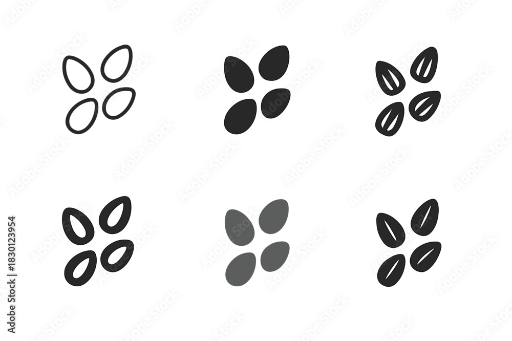 Fototapeta premium Diverse Seed Logos. seeds. Icon set. Set Logo of seeds: scattered seeds icon. harmonious logo variations of the same emblematic concept, each with different