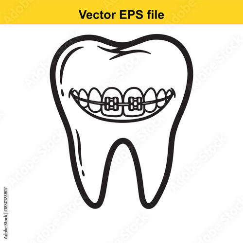 Black and white outline vector illustration of a happy molar tooth wearing dental braces, isolated on white background