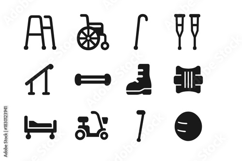 Senior Mobility Icons. Senior mobility. Solid icon set of Senior mobility: walker, wheelchair, cane, crutches, handrail, grab bar, orthopedic shoe, support