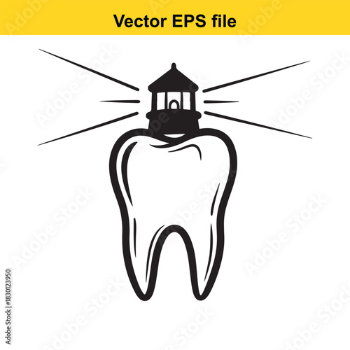 Black and white vector illustration of a molar tooth shaped like a lighthouse with light beams, isolated on white background