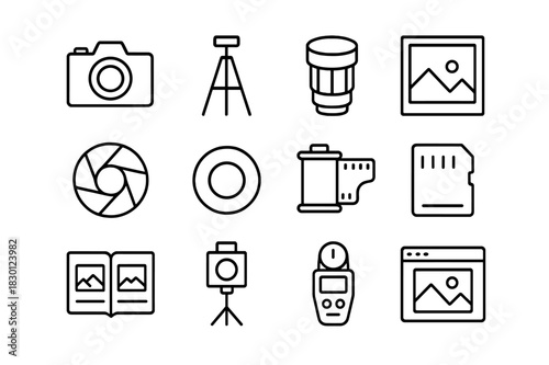Photography Icon Set. Photography expression. Line icon set of Photography expression: camera, tripod, lens, photo frame, aperture symbol, shutter button, film