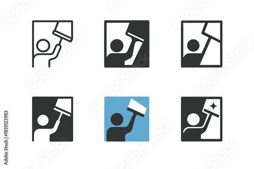 Window Cleaning Icons. washing windows. Icon set. Set Logo of washing windows: person cleaning window with squeegee. harmonious logo variations of the same