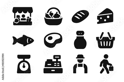 Food Market Icons. Food markets. Solid icon set of Food markets: vegetable stall, fruit basket, bread loaf, cheese wedge, fish, meat cut, spice jar, shopping