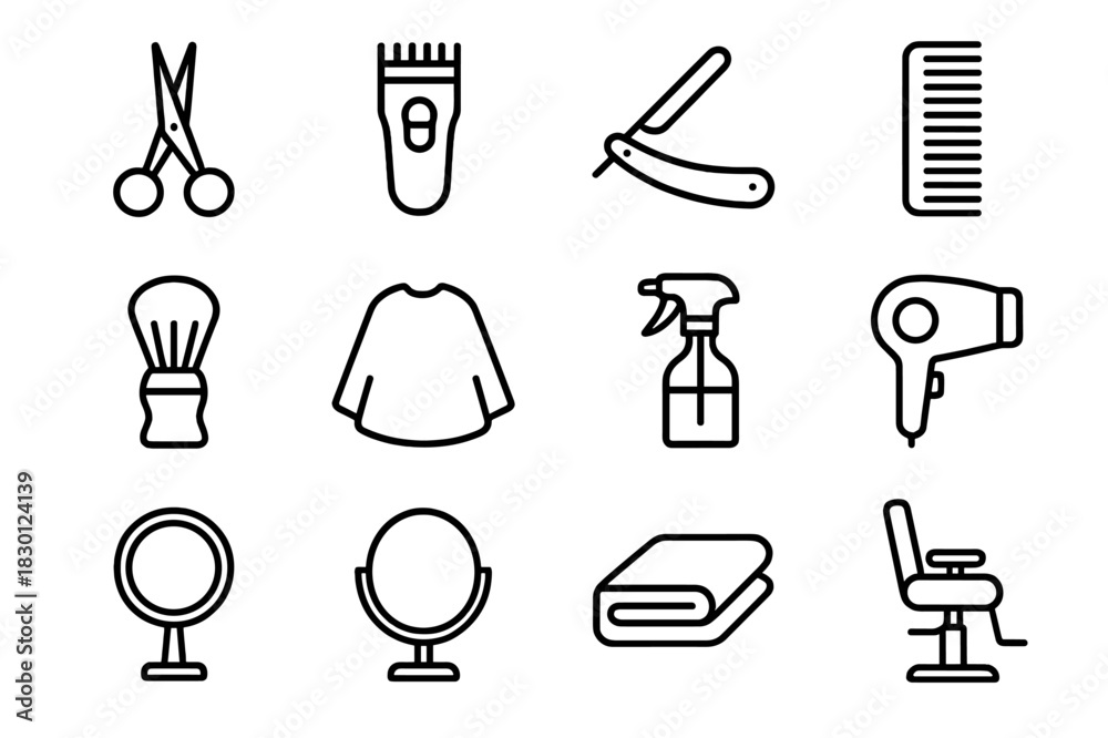 Obraz premium Barber Tools Icons. Barber tools. Line icon set of Barber tools: scissors, hair clipper, straight razor, comb, shaving brush, barber cape, spray bottle, hair