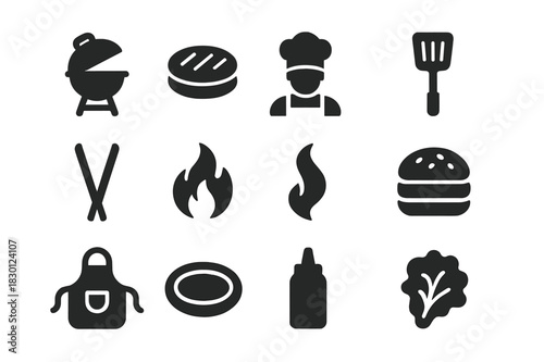 Cookout Icon Set. Cookout scene. Solid icon set of Cookout scene: grill, burger patty, chef, spatula, tongs, flame, smoke, hamburger bun, apron, plate, ketchup