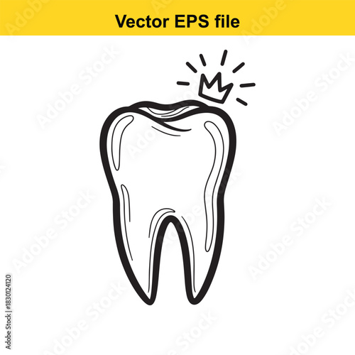 Hand drawn sketch of a healthy molar tooth with a small crown and sparkling light effect, isolated on white background
